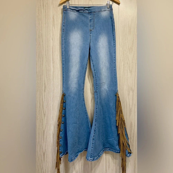 Fashion Express Denim Fringe Flare Size S EUC - Picture 1 of 3
